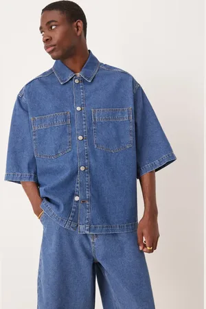 ASOS Co-ord oversized short sleeve denim shirt with patch pockets in mid wash
