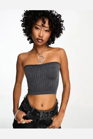 Bershka Seamless bandeau top in charcoal
