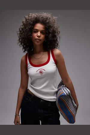 Topshop Embroidered shell rib vest with red contrast in