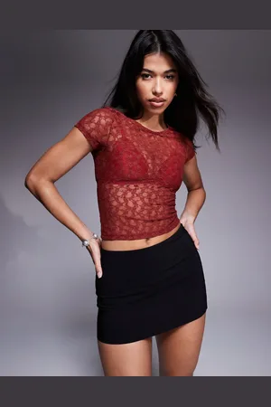 ASOS Lace short sleeve semi sheer baby tee in burgundy