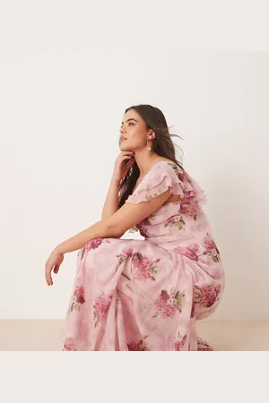 ASOS ASOS DESIGN Curve ruffle maxi dress with flutter sleeves in pink floral print