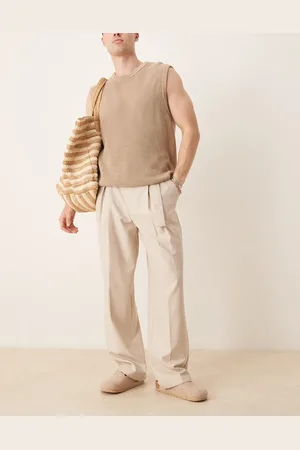 ASOS Smart wide leg belted trousers with front pleat in stone