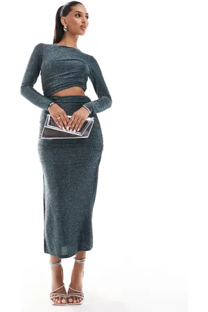 Ax Paris Ruched long sleeve cut out detail bodycon midi dress in emerald