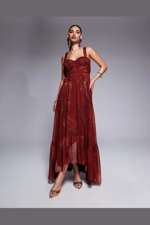 ASOS Plait detail maxi with bust cups in red abstract print