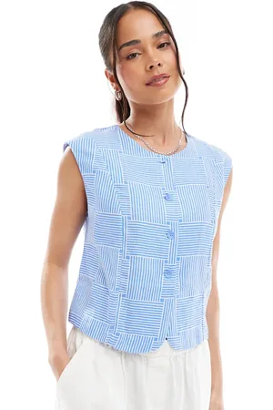 Object Cropped waistcoat top in blue crosshatch print