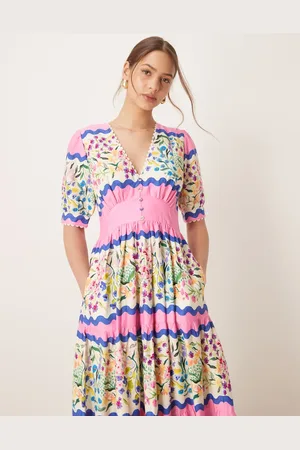 HOPE & IVY V-neck puff sleeve midi smock dress in multi