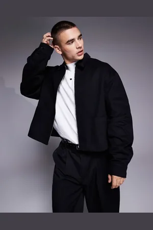 ASOS Oversized cropped harrington shacket in black