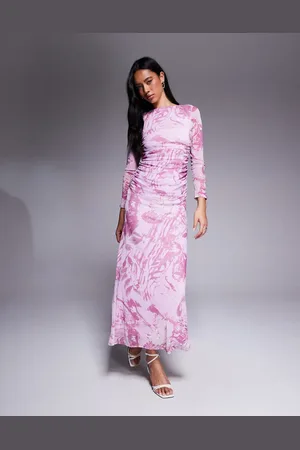 ASOS Mesh long sleeve ruched maxi dress in lilac print