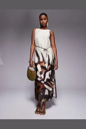 River Island Racer neck floral print slip dress in cream