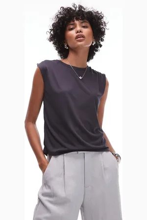 MANGO Soft touch ruched shoulder detail t-shirt in charcoal