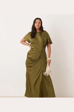 ASOS ASOS DESIGN Curve satin flutter sleeve maxi dress in olive