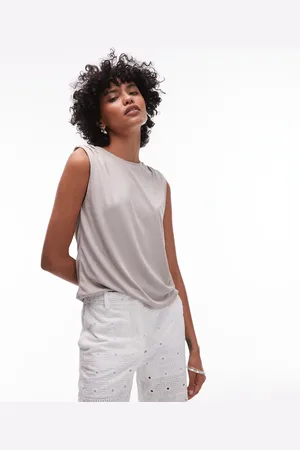 MANGO Soft touch ruched shoulder detail t-shirt in mushroom