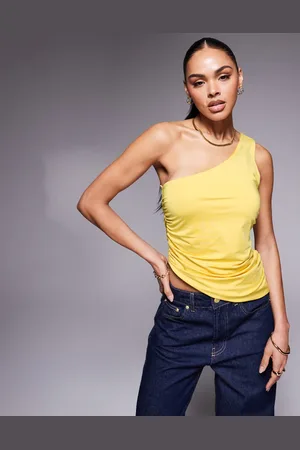 ASOS Ruched side asymmetric hem double strap one shoulder top in slinky in
