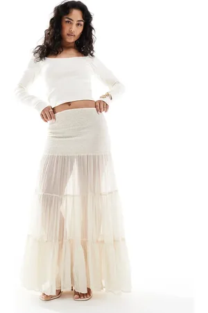 Bershka Shirred tierred maxi skirt in ecru