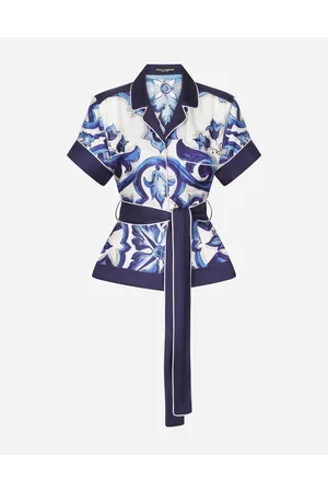 Dolce & Gabbana Majolica-print Twill Shirt With Belt - Woman Shirts And Tops Blue Silk 46