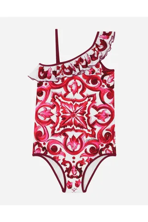 Dolce & Gabbana Majolica-print One-piece Swimsuit With Ruched Neckline - Woman Beachwear Fuchsia Fabric 2 Years