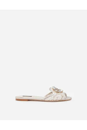 Dolce & Gabbana Slippers In Lace With Crystals - Woman Slides And Mules Gray Lace 35