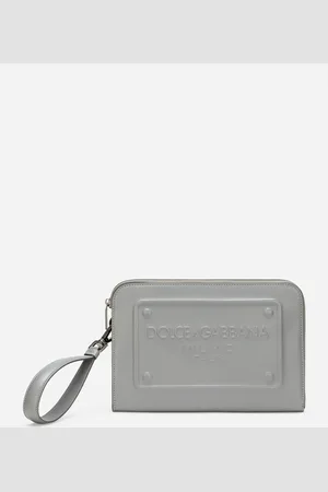 Dolce & Gabbana Small Calfskin Pouch - Man Briefcase And Clutches Gray Leather Onesize