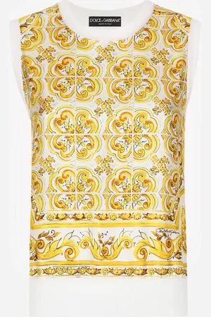 Dolce & Gabbana Sleeveless Silk Sweater With Majolica- Silk Twill Panel On The Front - Woman T-shirts And Sweatshirts 36