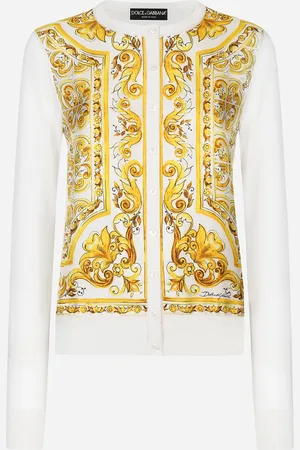 Dolce & Gabbana Silk Cardigan With Majolica- Silk Twill Panel On The Front - Woman Sweaters And Cardigans 36