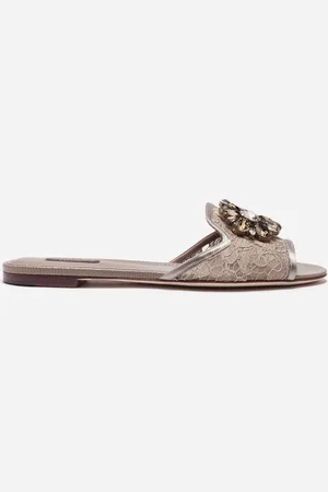 Dolce & Gabbana Slippers In Lace With Crystals - Woman Slides And Mules Beige 35.5