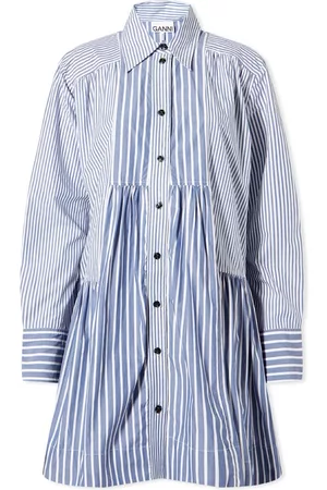 Ganni Stripe Cotton Wide Mini Shirt Dress
