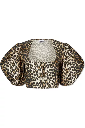 Ganni Printed Cotton Crop Zipper Blouse