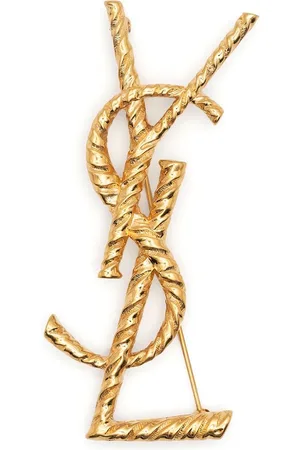 Saint Laurent Textured Crocodile Ysl Brooch in Metallic Gold