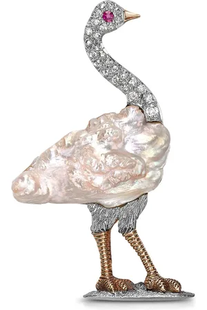 Pragnell 1901-1910 18kt yellow gold Edwardian pearl and diamond ostrich brooch