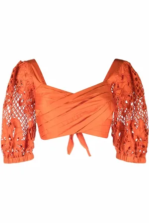 Self-Portrait Lace puff-sleeves crossover cropped top
