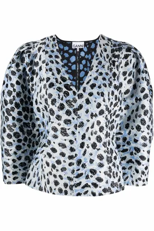 Ganni Leopard-print puff-sleeve top