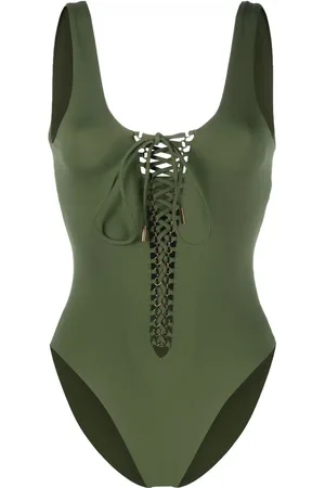 Saint Laurent Lace-up square-neck swimsuit