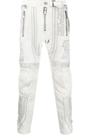 Balmain Embroidered-design tapered leather trousers