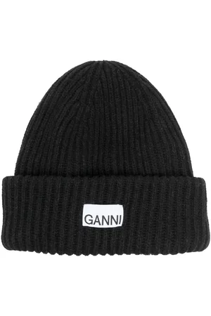 Ganni Women Beanies - Logo-patch ribbed-knit beanie