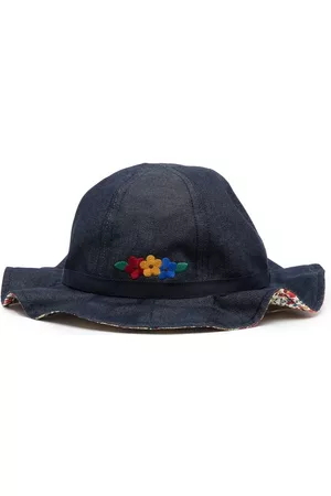 Familiar Girls Hats - Floral-embroidered denim sun hat