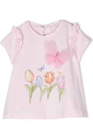 MONNALISA Floral-print butterfly-appliqué T-shirt