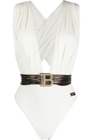 Balmain Plunge-neck logo swimsuit