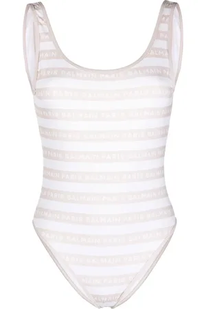 Balmain Striped logo-print swimsuit