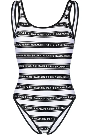 Balmain Striped logo-print swimsuit
