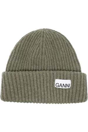 Ganni Women Beanies - Logo-tag ribbed-knit wool beanie