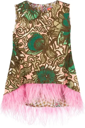 La DoubleJ Painterly-print feather-detail top