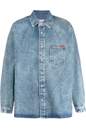 MARTINE ROSE Logo-tab marble-washed denim shirt