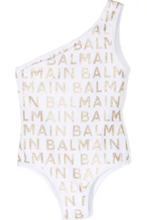 Balmain Girls Swimming Costumes - Glittery logo-detail one-shoulder swimsuit