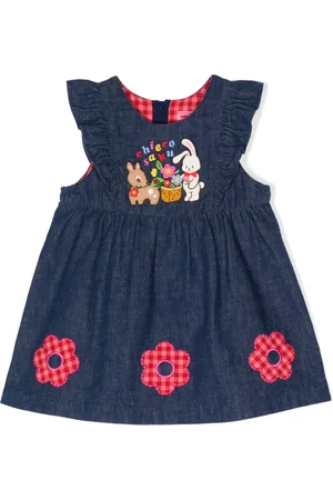 Miki House Embroidered-motif denim pinafore dress