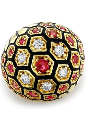 Pragnell 1970s 18kt yellow Retro diamond and ruby honeycomb dress ring