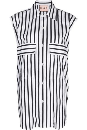 Plan C Cap-sleeve striped cotton shirt