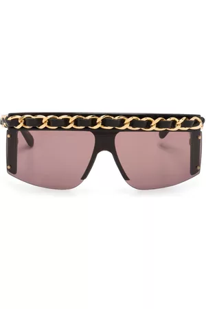 CHANEL 1990-2000s leather-and-chain trimmed shield sunglasses