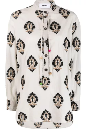 Bazar Deluxe Women Long Sleeve Polo Shirts - Graphic-print drawstring shirt