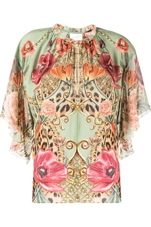 Camilla Mix-print ruffle-sleeve blouse
