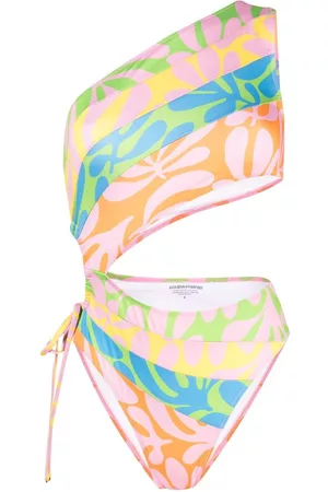 Solid Women Swimming Costumes - Leaf-print asymmetric swimsuit